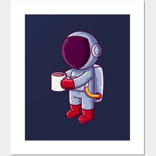 Cute Astronaut Drinking Coffee Cartoon Posters and Art